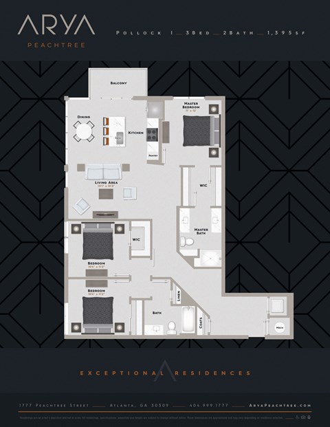 Three Bedroom Two Bath Floor Plan Pollock 1 at Arya Peachtree, Atlanta, GA